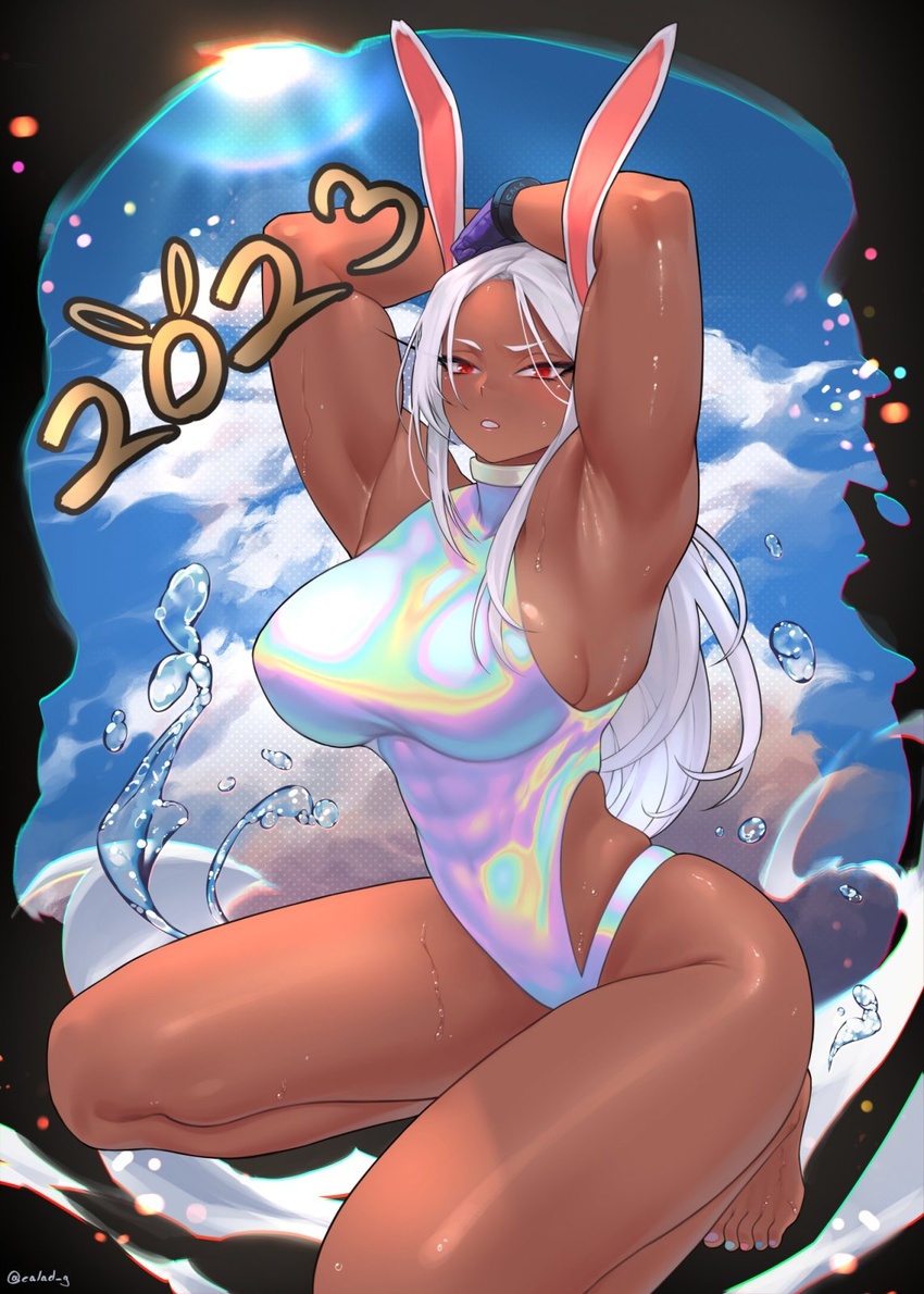 1girls 2020s 2023 abs animal_ears armpits arms_behind_head arms_up artist_name bare_shoulders barefoot big_breasts blue_nails breasts bunny_ears calad_g clenched_teeth clothing cloud collar curvy cyan_nails dark-skinned_female dark_skin eyelashes female female_focus female_only fully_clothed gloves highres hips human iridescent large_breasts leotard long_hair long_legs looking_at_viewer makeup miruko multicolored_nails muscular muscular_female my_hero_academia nail_polish on_knees parted_lips pinup purple_nails red_eyes red_nails revealing_clothes rumi_usagiyama seductive shiny_skin sideboob signature skimpy skindentation solo solo_female sun sweat sweatdrop swimsuit teeth thick_thighs thighs voluptuous waist_cutout water white_hair wide_hips year_of_the_rabbit