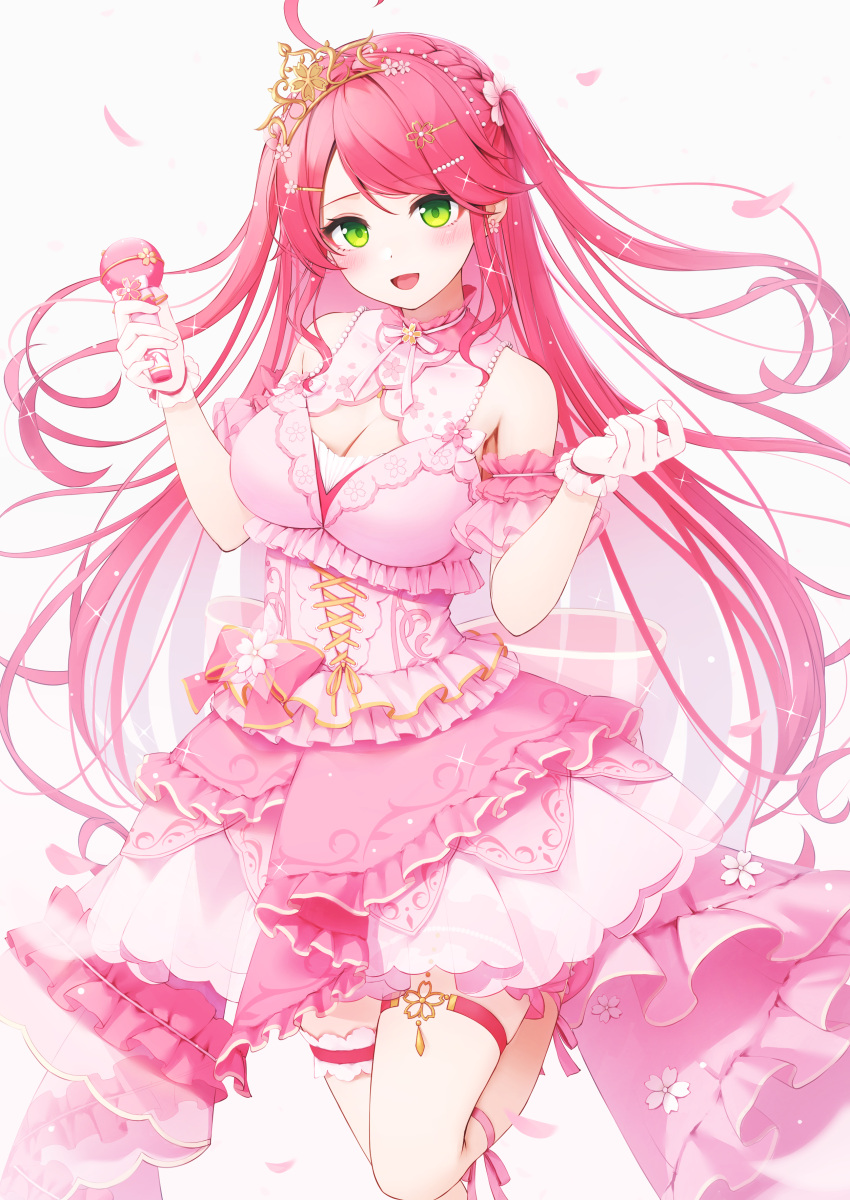 absurdres ahoge alternate_costume armband bare_shoulders bird blush bow breasts cherry_blossom_print cherry_blossoms cleavage commentary_request covered_collarbone crow crown dress earrings feet_up female floral_print flower_earrings frilled_armband frilled_gloves frills glint gloves gradient_background green_eyes hair_ornament hairclip highres holding holding_microphone hololive jewelry large_breasts long_hair looking_at_viewer microphone neck_ribbon nyan_(reinyan_007) official_alternate_costume open_mouth pink_armband pink_background pink_bow pink_corset pink_dress pink_hair pink_ribbon pink_straps pink_theme revision ribbon sakura_miko sakura_miko_(flower_fantasista!) sleeveless sleeveless_dress smile solo standing standing_on_one_leg swept_bangs thigh_strap thighs two_side_up virtual_youtuber white_background white_gloves yellow_crown yellow_ribbon