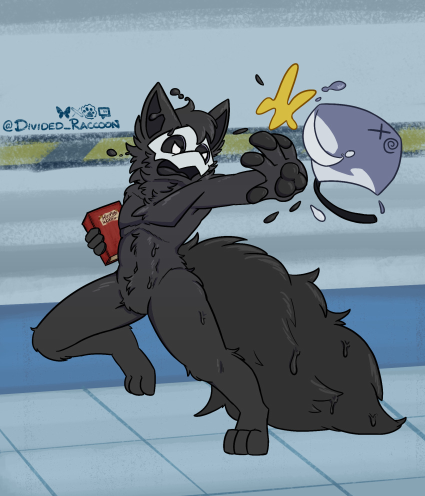 2024 anthro artist_name athletic black_body black_fur book canid canine canis changed_(video_game) digital_drawing_(artwork) digital_media_(artwork) divided-raccoon fish fluffy fluffy_tail fur goo_creature hi_res male mammal manta_ray marine pawpads paws puro_(changed) ray_(fish) solo tail toned_male