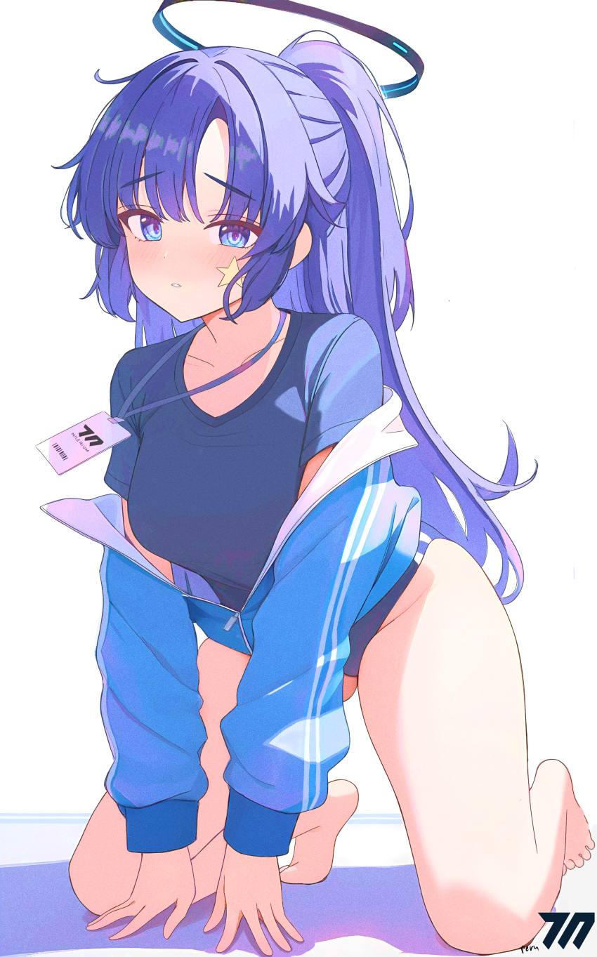 absurdres blue_archive blue_buruma buruma female gym_shirt gym_uniform halo highres id_card jacket jacket_partially_removed lanyard mechanical_halo official_alternate_costume partially_unzipped peru_(pixiv91752964) shirt solo star_sticker sticker_on_face track_jacket yuuka_(blue_archive) yuuka_(track)_(blue_archive)