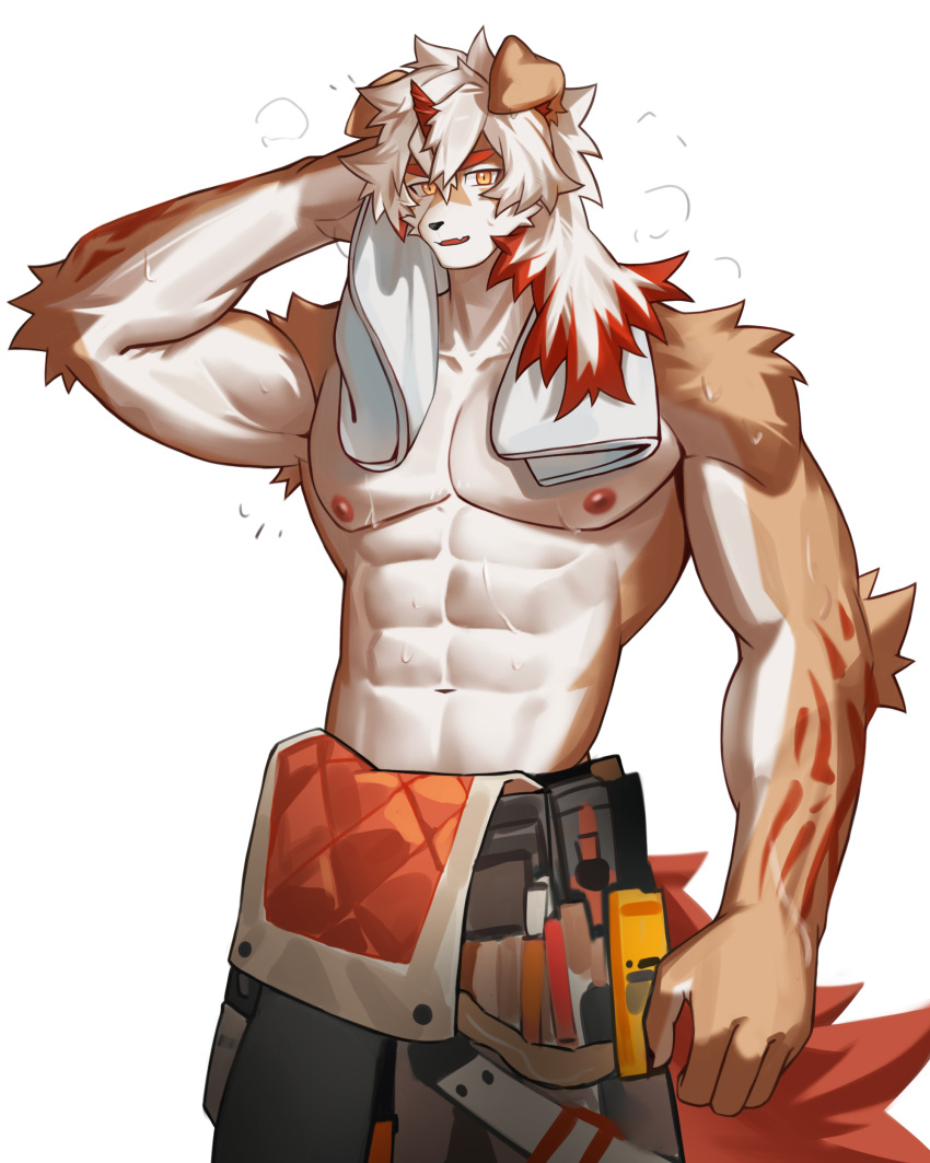 1boy abs absurdres arknights arm_tattoo arm_up armpits backman_(2001pinggai) bara colored_tips english_commentary furry furry_male highres holding holding_towel horns hung_(arknights) komainu_boy komainu_ears komainu_tail looking_at_viewer male_focus multicolored_hair muscular muscular_male navel nipples oerba_yun_fang open_mouth orange_eyes pectorals second-party_source single_horn skin_fang smile sweat tattoo tool_belt topless_male towel towel_around_neck white_background