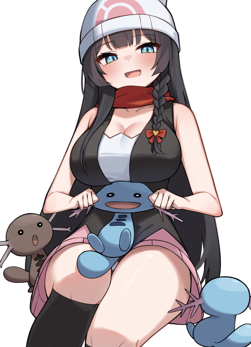 :d absurdres bare_shoulders black_hair blue_eyes blush braid breasts cleavage commentary_request cosplay dawn_(pokemon) dawn_(pokemon)_(cosplay) female highres korean_commentary large_breasts paldean_wooper pink_skirt pokemon pokemon_(creature) pokemon_dppt red_scarf scarf shirayuki_hina single_braid skirt smile stellive thick_thighs thighs virtual_youtuber white_background wooper ziro_(zirorong)