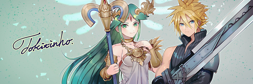 1boy black_gloves blonde_hair blue_eyes buster_sword closed_mouth cloud_strife collarbone commission crossover dress female final_fantasy final_fantasy_vii gloves green_eyes green_hair grey_background grey_dress highres holding holding_staff holding_sword holding_weapon kid_icarus long_hair palutena ribbed_shirt shirt single_shoulder_pad smile staff sword very_long_hair weapon yasaikakiage