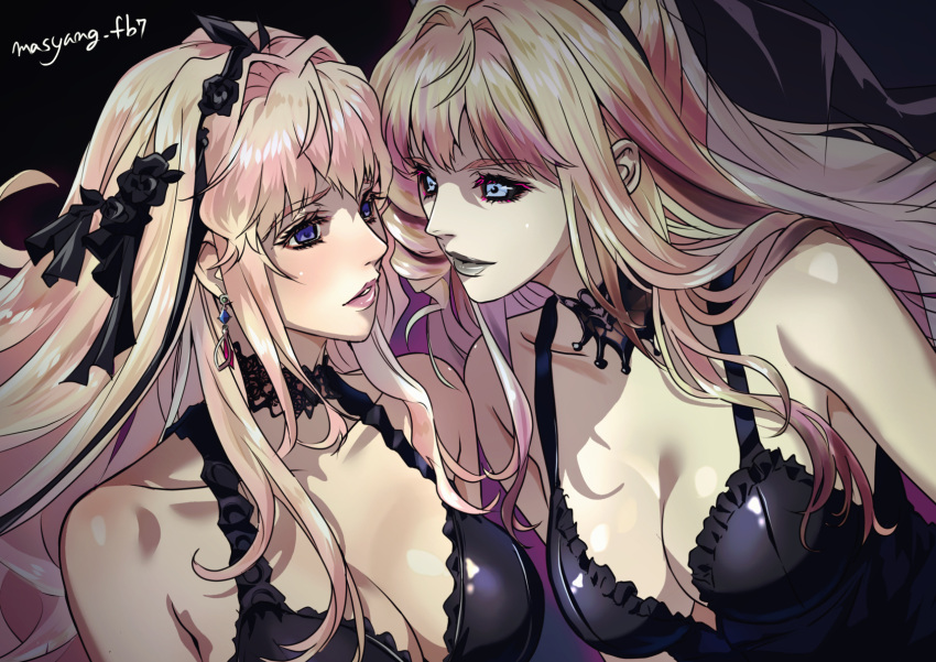 2girls artist_name black_background black_choker black_dress black_ribbon blonde_hair blue_eyes breasts choker collarbone dress earrings grey_lips hair_behind_ear hair_intakes hair_ribbon highres jewelry looking_at_another macross macross_frontier medium_breasts multiple_girls nervous parted_lips pink_lips ribbon ryu_(masu_nantoka-san) sheryl_nome yami_sheryl