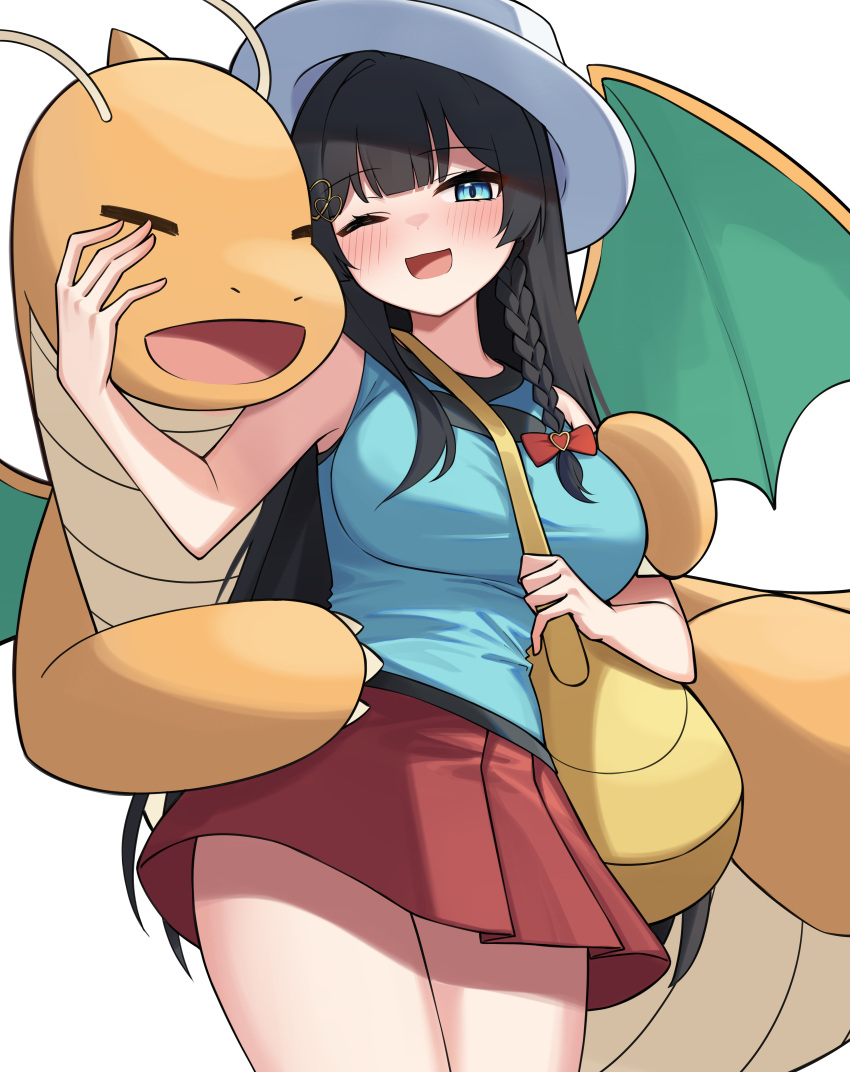 absurdres bare_shoulders black_hair blue_eyes blue_shirt braid breasts commentary_request cosplay dragonite female hair_ornament heart heart_hair highres korean_commentary leaf_(pokemon) leaf_(pokemon)_(cosplay) long_hair pleated_skirt pokemon pokemon_(creature) pokemon_frlg red_skirt shirayuki_hina shirt single_braid skirt stellive thick_thighs thighs virtual_youtuber white_background ziro_(zirorong)