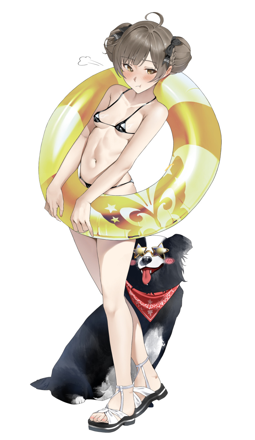 absurdres ahoge bikini black_bikini blush brown_eyes canine closed_mouth commentary_request double_bun female full_body grey_hair hair_bun hair_ornament hakozaki_serika highres holding holding_swim_ring idolmaster idolmaster_million_live! idolmaster_million_live!_theater_days innertube micro_bikini sandals saya_endo_(27) short_hair simple_background standing swim_ring swimsuit white_background yellow_innertube