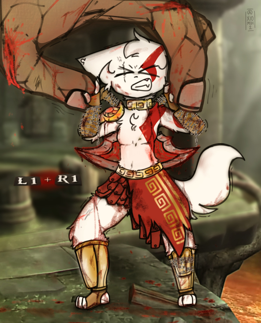 anthro armored_boots background_character blood blurred_background bodily_fluids bottomwear canid canine canis chains chest_tattoo clothing collar dramatic eye_scar facial_scar femboy fennec_fox fox fur gameplay_mechanics god_of_war hi_res male mammal mythology scar skirt solo sony_corporation sony_interactive_entertainment tail tattoo teeth true_fox weapon weapon_on_back white_body wolf xiomih2 xiomih_(character)