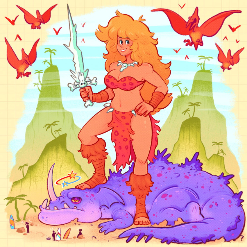 barefoot beach blonde_hair blush bra breasts cliff commentary dinosaur english_commentary foot_on_back fur_trim giant giantess hand_on_own_hip highres holding holding_sword holding_weapon large_breasts long_hair mini_person miniboy mostlyghostly multiple_girls navel original outdoors palm_tree pterosaur radio red_bra red_nails sand size_difference sky smile surfboard sword tree underwear weapon