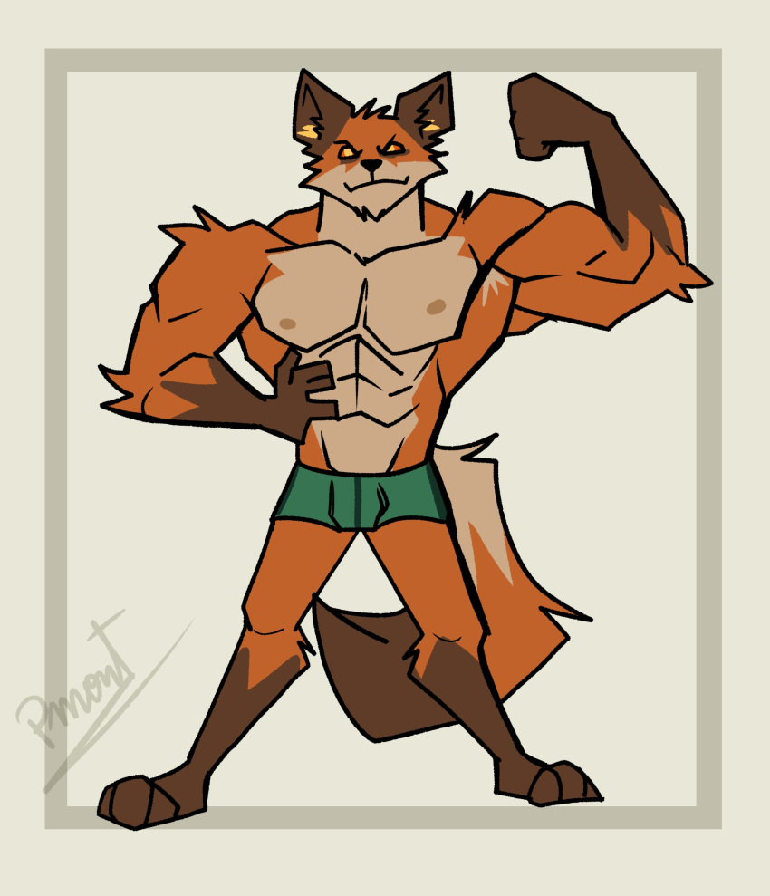 abs anthro armpit_hair barazoku body_hair canid canine canis clothed clothing epic_games feet fennix_(fortnite) flexing fortnite fox hi_res male mammal muscular muscular_anthro muscular_male nipples partially_clothed pinumontbalou red_fox solo tail true_fox underwear