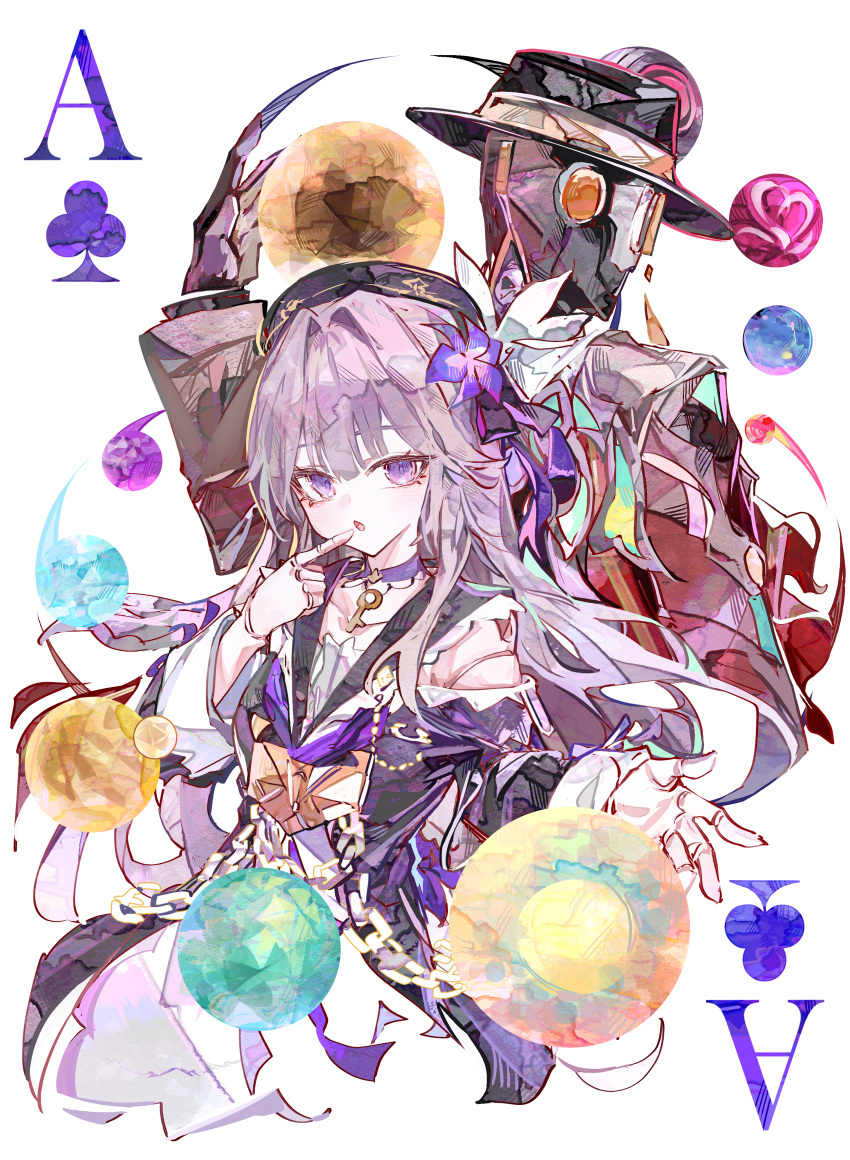 1boy absurdres ace_(playing_card) ace_of_spades beret black_hat black_jacket black_sailor_collar brown_jacket card chains choker cocoballking cropped_torso fedora female finger_to_mouth flower grey_hair hair_flower hair_intakes hair_ornament hat herta_(honkai:_star_rail) highres honkai:_star_rail honkai_(series) jacket key long_hair long_sleeves looking_at_viewer open_mouth playing_card purple_choker purple_eyes purple_flower robot sailor_collar screwllum_(honkai:_star_rail) spade_(shape)