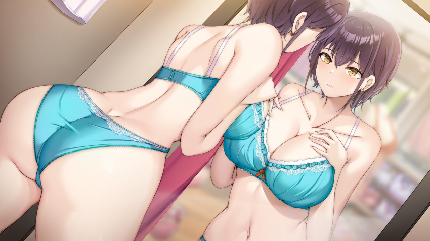 ass blue_bra blue_panties blurry blurry_background bra breasts brown_eyes brown_hair changing_room character_request cleavage closed_mouth collarbone female hands_on_own_chest highres lingeries_(ramune_games) median_furrow mirror navel oryo_(oryo04) panties reflection second-party_source short_hair underwear