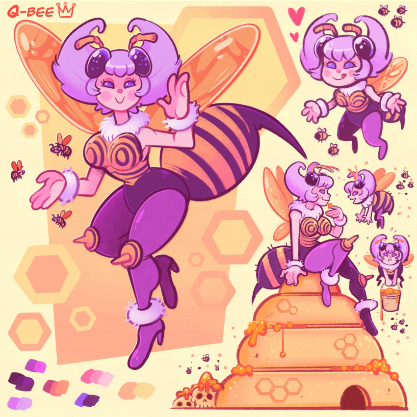 :d abdomen_tail antennae arthropod_girl bee bee_girl black_eyes black_sclera blush blush_stickers breasts bug cartoonized color_guide colored_sclera darkstalkers extra_eyes fur-trimmed_leotard fur_collar fur_trim fur_wrist_cuffs happy highres hive honey honeycomb_(pattern) insect_wings knee_spikes large_breasts leotard medium_breasts monster_girl mostlyghostly multiple_girls multiple_views open_mouth pantyhose purple_hair purple_pantyhose q-bee short_hair simple_background skull smile solid_eyes solo spikes stinger toon_(style) white_background wings wrist_cuffs