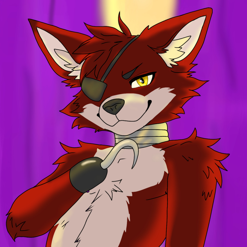 1:1 ambiguous_gender animatronic anthro canid canine digital_media_(artwork) eye_patch eyewear five_nights_at_freddy's fluffy fox foxy_(fnaf) fur hi_res hook hook_hand horn looking_at_viewer machine mammal red_body robot scottgames simple_background smile solo solo_focus white_body white_fur yourkobold