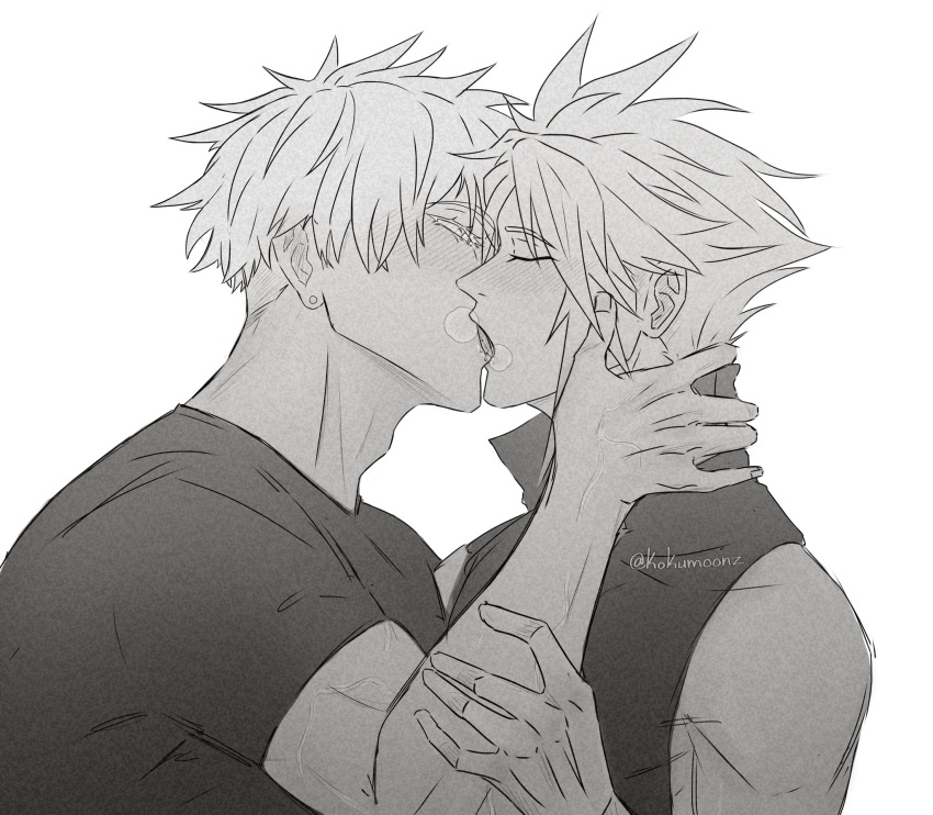 2boys blush breath closed_eyes cloud_strife crossover english_commentary final_fantasy final_fantasy_vii french_kiss gojou_satoru greyscale hand_on_another's_cheek hand_on_another's_face highres jujutsu_kaisen kissing kokumoonz male_focus monochrome multiple_boys open_mouth saliva short_hair spiked_hair steam tongue twitter_username yaoi