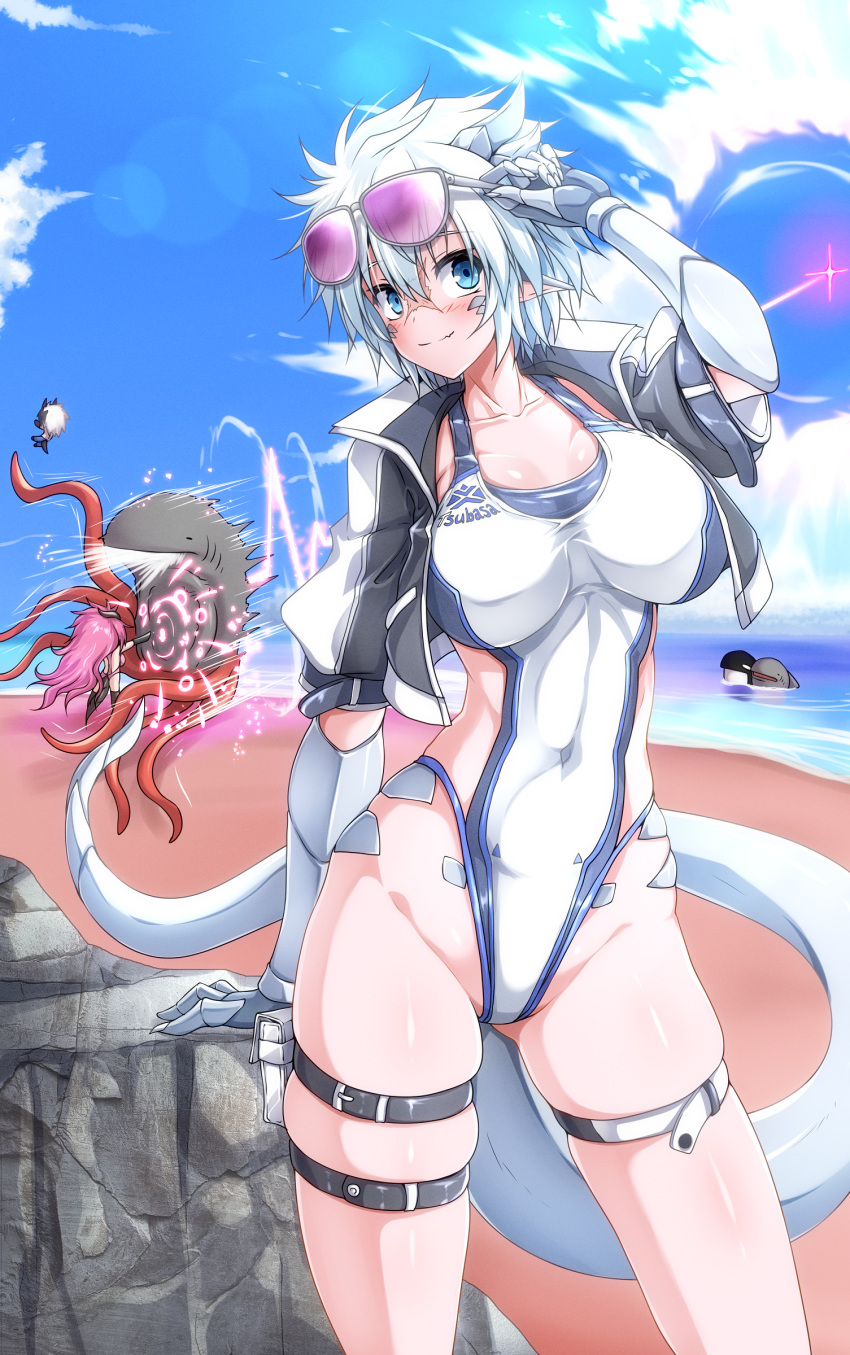 1boy 2girls absurdres aviator_sunglasses blue_eyes blush breasts collarbone competition_swimsuit covered_navel dragon_boy dragon_claw dragon_girl dragon_horns dragon_tail eyewear_on_head g_(genesis1556) hair_between_eyes highleg highleg_one-piece_swimsuit highres horns jacket large_breasts leia_(g_(genesis1556)) long_hair monster_boy monster_girl multicolored_hair multiple_girls navel one-piece_swimsuit open_clothes open_jacket orca original pink-tinted_eyewear pink_hair pouch rio_(g_(genesis1556)) scales scar shark sharktopus short_hair short_sleeves sideless_swimsuit sunglasses swimsuit tail thigh_pouch thigh_strap tinted_eyewear tsubasa_ryuuji two-tone_hair white_hair