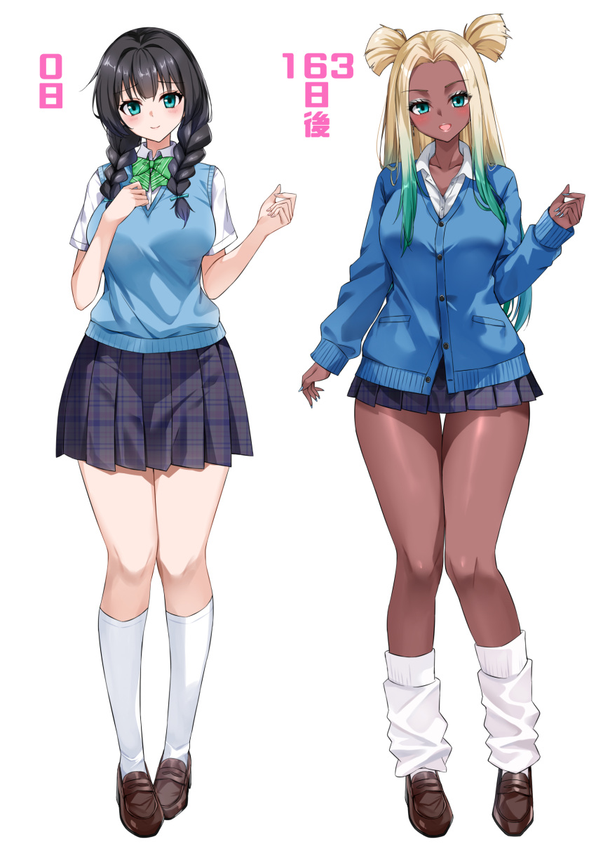 before_and_after bimbofication black_hair black_skirt blonde_hair blue_cardigan blue_eyes blue_nails blush braid breasts brown_footwear cardigan collarbone collared_shirt colored_tips dark-skinned_female dark_skin eyeshadow female full_body green_hair grey_eyeshadow gyaru highres kuroko_(user_jtty5588) large_breasts long_hair looking_at_viewer makeup miniskirt multicolored_hair nail_polish open_mouth original plaid_clothes plaid_skirt school_uniform shirt simple_background skirt smile socks translation_request twin_braids two_side_up very_long_hair white_shirt white_socks