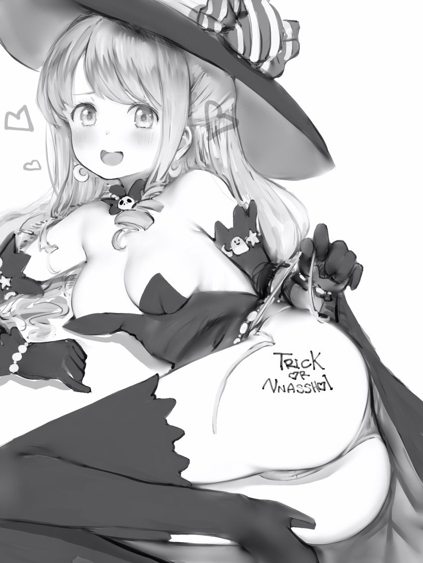 absurdres alternate_costume ass blush body_writing boots candy_hat_ornament closed_mouth crescent crescent_earrings earrings elbow_gloves english_text female gloves greyscale halloween hat heart highres himemori_luna hololive jewelry leotard long_hair looking_at_viewer lying monochrome nanashi_(nlo) on_side open_mouth panties simple_background skull_choker solo strap_pull strapless strapless_leotard teeth thigh_boots thighhighs thighs underwear upper_teeth_only virtual_youtuber witch_hat