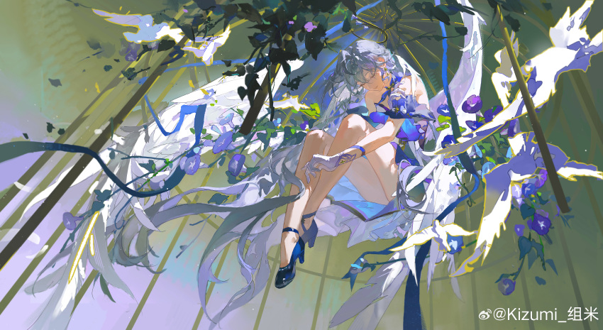 absurdres bird birdcage blue_footwear blue_ribbon cage closed_eyes detached_sleeves dress facial_mark feathered_wings female flower full_body gloves grey_hair high_heels highres honkai:_star_rail honkai_(series) in_cage kizumi leaf long_hair morning_glory off-shoulder_dress off_shoulder plant purple_dress purple_flower ribbon robin_(honkai:_star_rail) short_sleeves solo two-tone_dress very_long_hair vines weibo_logo weibo_watermark white_bird white_gloves white_wings wings