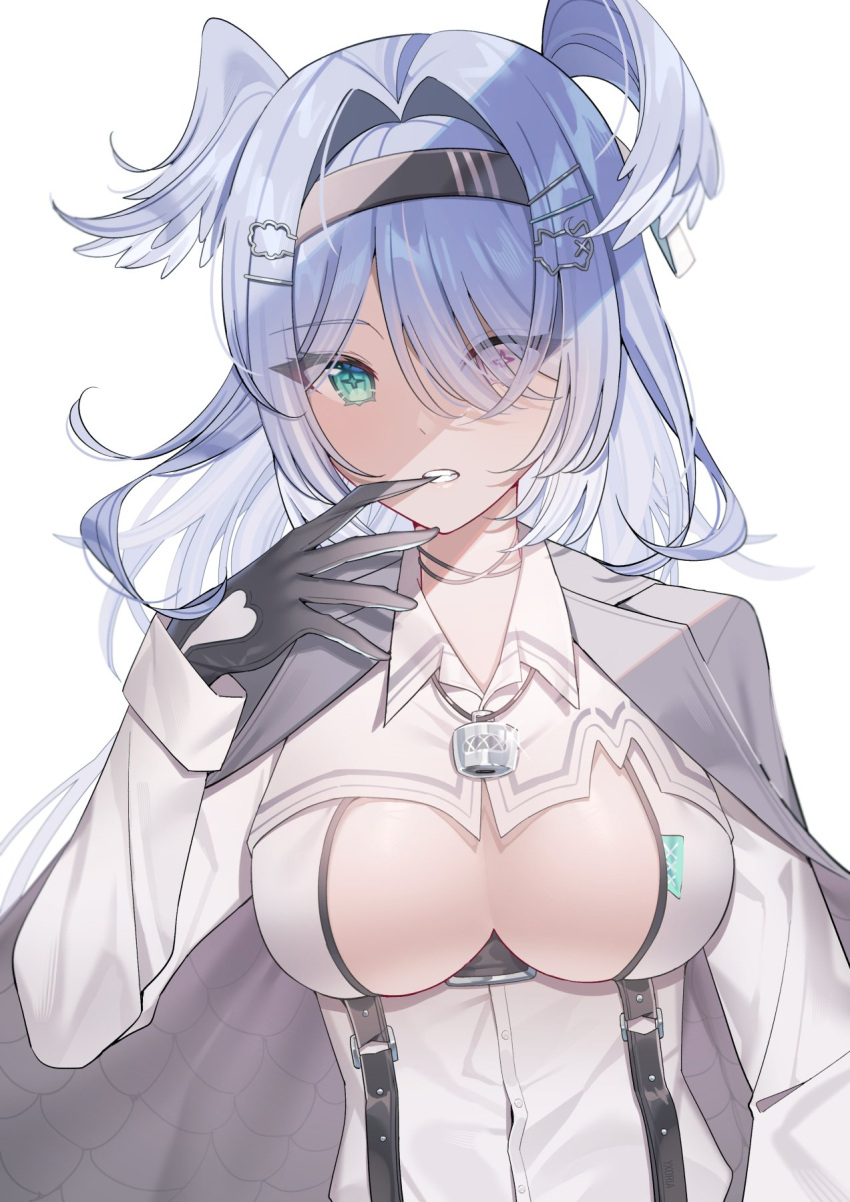 aqua_eyes biting biting_glove black_gloves blue_hair breasts cleavage_cutout clothing_cutout elira_pendora female gloves grey_jacket hair_ornament hair_over_one_eye head_wings heterochromia highres jacket jacket_on_shoulders jewelry large_breasts long_hair long_sleeves looking_at_viewer necklace nijisanji nijisanji_en pink_eyes sideboob simple_background solo umireki virtual_youtuber white_background wings