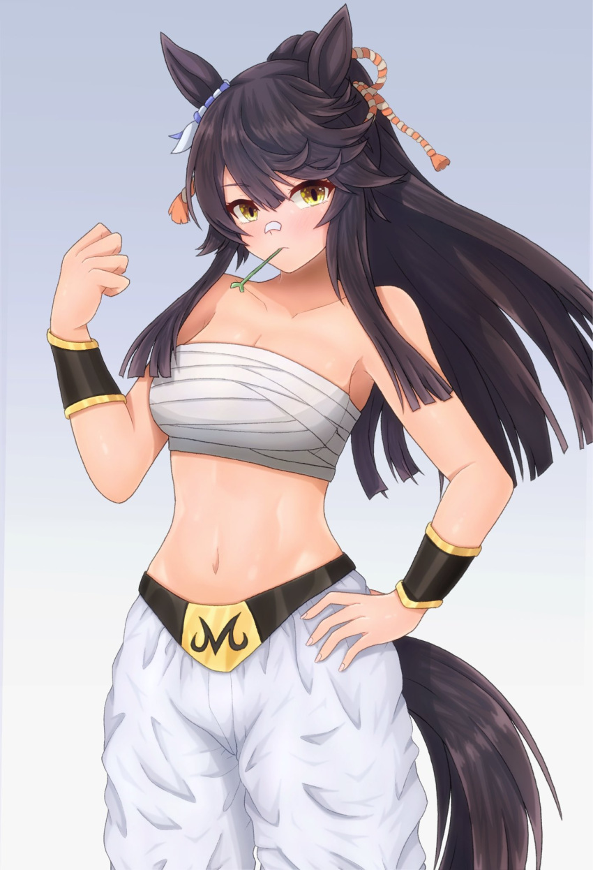 alternate_costume animal_ears bandaid bandaid_on_face bandaid_on_nose bare_shoulders black_hair bracer breasts chest_sarashi cleavage clenched_hand collarbone commentary_request cosplay cowboy_shot dragon_ball dragon_ball_z ear_ornament female gradient_background hair_between_eyes highres horse_ears horse_girl horse_tail long_hair m172/minatsu majin_buu majin_buu_(cosplay) medium_breasts mouth_hold narita_brian_(umamusume) navel pants ponytail rope sarashi shimenawa sidelocks solo stalk_in_mouth stomach tail umamusume white_pants yellow_eyes