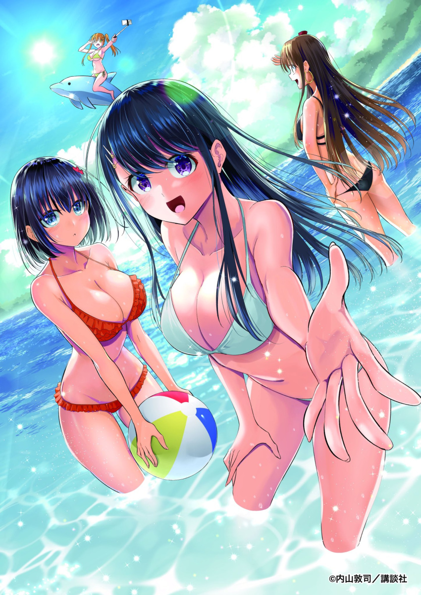 4girls attsun_(atsushi_jb) ball beachball bikini black_bikini black_hair blue_eyes breasts brown_hair cloud cloudy_sky collarbone commentary_request copyright_notice dolphin dutch_angle earrings frilled_bikini frills green_bikini hand_on_own_knee highres holding holding_ball holding_beachball hoop_earrings irotsuku_monochrome jewelry large_breasts lens_flare long_hair marine_day multiple_girls navel ocean open_mouth parted_lips purple_eyes reaching reaching_towards_viewer red_bikini riding second-party_source selfie_stick shading_eyes short_hair side-tie_bikini_bottom sky smile standing strap_gap sun swimsuit twintails wading water wet white_bikini