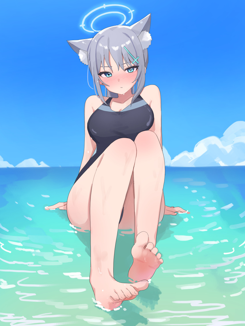 absurdres animal_ear_fluff animal_ears aqua_eyes arm_support barefoot blue_archive blue_halo blue_one-piece_swimsuit blue_sky blush breasts cleavage closed_mouth collarbone commentary convenient_leg cross cross_hair_ornament day earrings extra_ears eyelashes feet female grey_hair grunel_(grunel_7979) hair_ornament halo highres inverted_cross jewelry knees_up legs long_hair looking_at_viewer medium_breasts ocean official_alternate_costume one-piece_swimsuit outdoors shiroko_(blue_archive) shiroko_(swimsuit)_(blue_archive) sidelocks sky soles solo stud_earrings swimsuit toenails toes water_drop wet wolf_ears