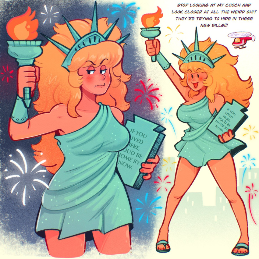 aircraft blonde_hair blush breasts city commentary dress embarrassed english_commentary english_text female fireworks fourth_of_july giant giantess green_dress hat helicopter highres holding holding_torch large_breasts long_hair mostlyghostly open_mouth original outdoors patriotism smile solo statue_of_liberty toon_(style) torch