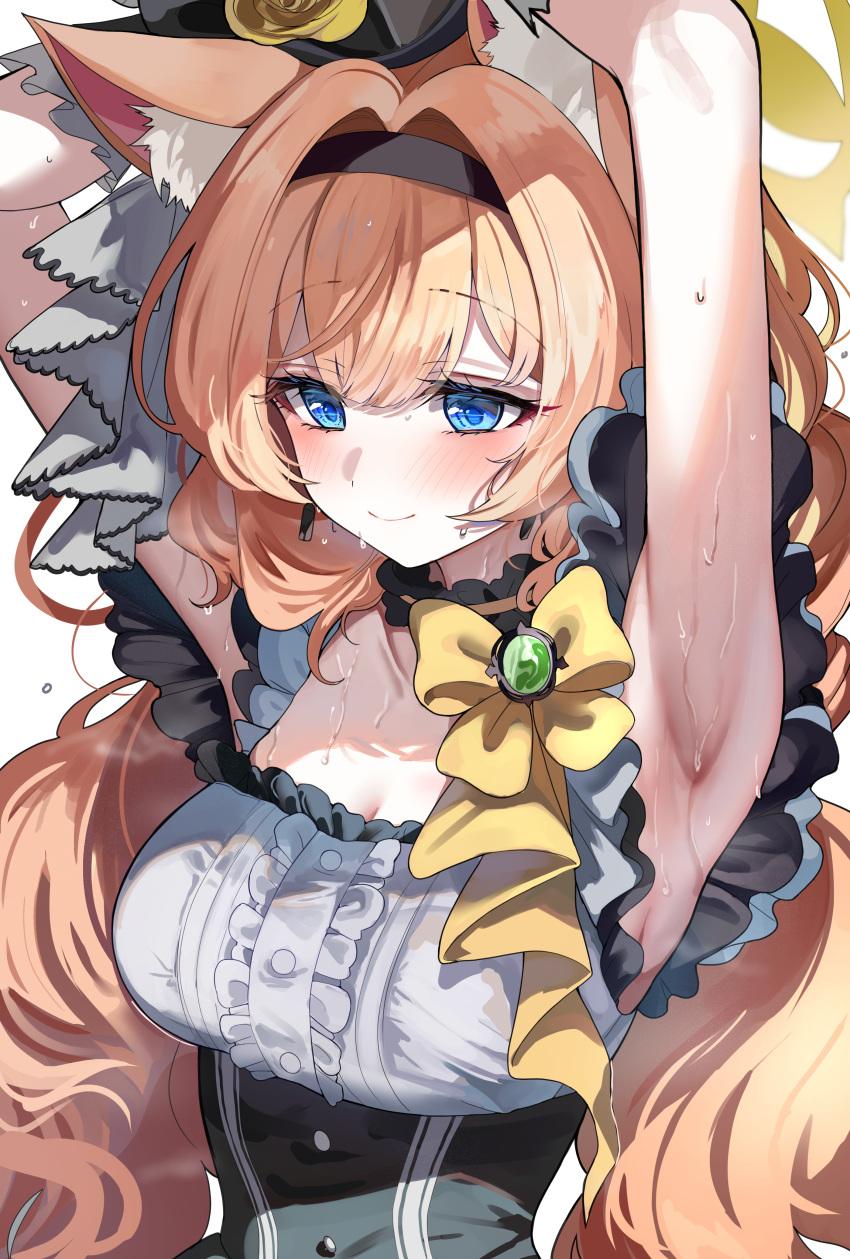 absurdres animal_ear_fluff animal_ears armpits arms_up black_choker black_hairband black_hat blue_archive blue_eyes blush breasts cat_ears center_frills choker cleavage collarbone female frilled_choker frills grey_shirt hairband halo hat headset highres long_hair looking_ahead mari_(blue_archive) mari_(idol)_(blue_archive) medium_breasts orange_hair presenting_armpit sak_(lemondisk) shirt smile solo sweat sweaty_armpits upper_body very_long_hair