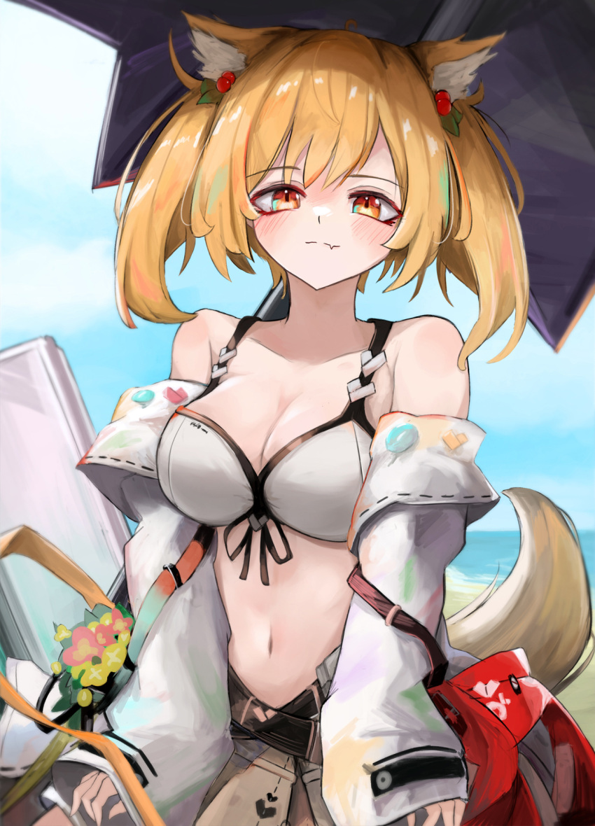 animal_ears arknights bare_shoulders beach beach_umbrella bikini blonde_hair blush breasts cleavage cowboy_shot female hair_ornament highres jacket kari90909 looking_at_viewer medium_breasts navel oerba_yun_fang off_shoulder official_alternate_costume open_clothes orange_eyes outdoors short_hair skin_fang skirt smile solo sora_(arknights) sora_(summer_flowers)_(arknights) swimsuit tail twintails umbrella white_bikini white_jacket wolf_ears wolf_tail