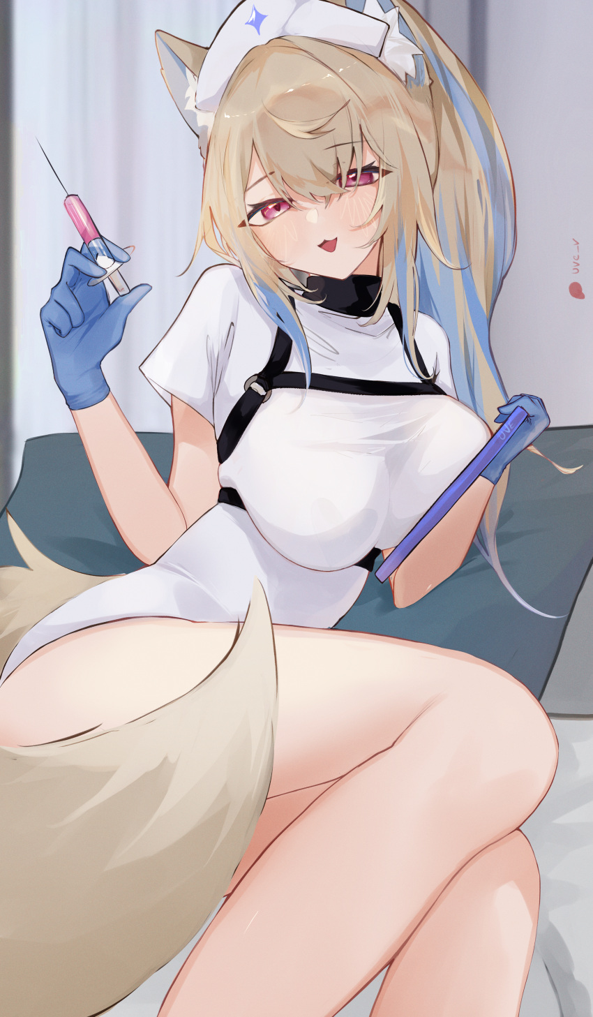 absurdres alternate_costume animal_ear_fluff animal_ears blonde_hair blue_gloves blue_hair breasts clipboard dog_ears dog_girl dog_tail female fuwawa_abyssgard gloves hat highres holding holding_clipboard holding_syringe hololive hololive_english large_breasts long_hair nurse nurse_cap open_mouth pink_eyes smile solo syringe tail tail_censor uve virtual_youtuber white_hat