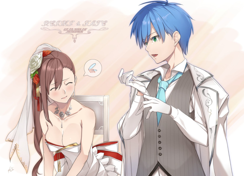 1boy bare_shoulders blue_hair breasts brown_hair chair cleavage collarbone fayt_leingod female gloves hair_ribbon highres izupix lips long_hair open_mouth ponytail ribbon saionji_reimi smile star_ocean star_ocean_anamnesis star_ocean_the_last_hope star_ocean_till_the_end_of_time white_gloves