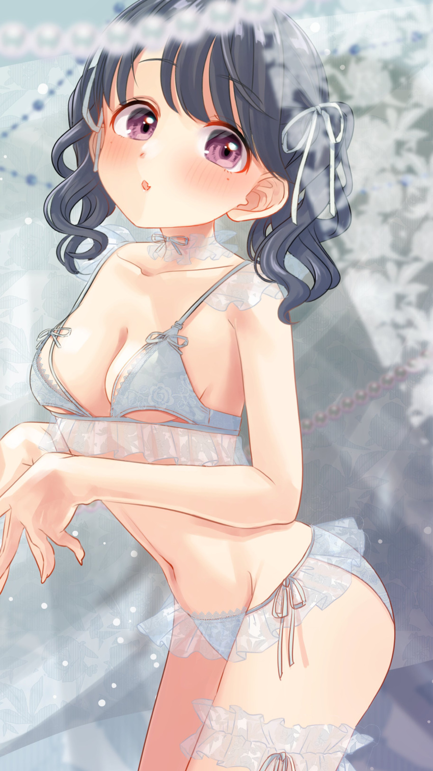 :o absurdres blush bra breasts bridal_garter choker cleavage collarbone commentary_request female frilled_bra frilled_choker frilled_panties frills fukumaru_koito groin highres idolmaster idolmaster_shiny_colors lace-trimmed_bra lace-trimmed_panties lace_trim lingerie motu7be1024 navel own_hands_together panties side-tie_panties small_breasts solo stomach twintails underwear white_bra white_panties