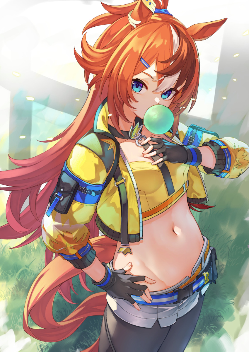 absurdres animal_ears blue_eyes blush breasts brown_hair bubble_gum_fellow_(umamusume) chewing_gum collarbone commentary_request female fingerless_gloves gloves grass hair_between_eyes hair_ornament highres horse_ears horse_girl iam_(tetsu0ekaki) jacket long_hair looking_at_viewer midriff navel pantyhose ponytail shorts solo umamusume