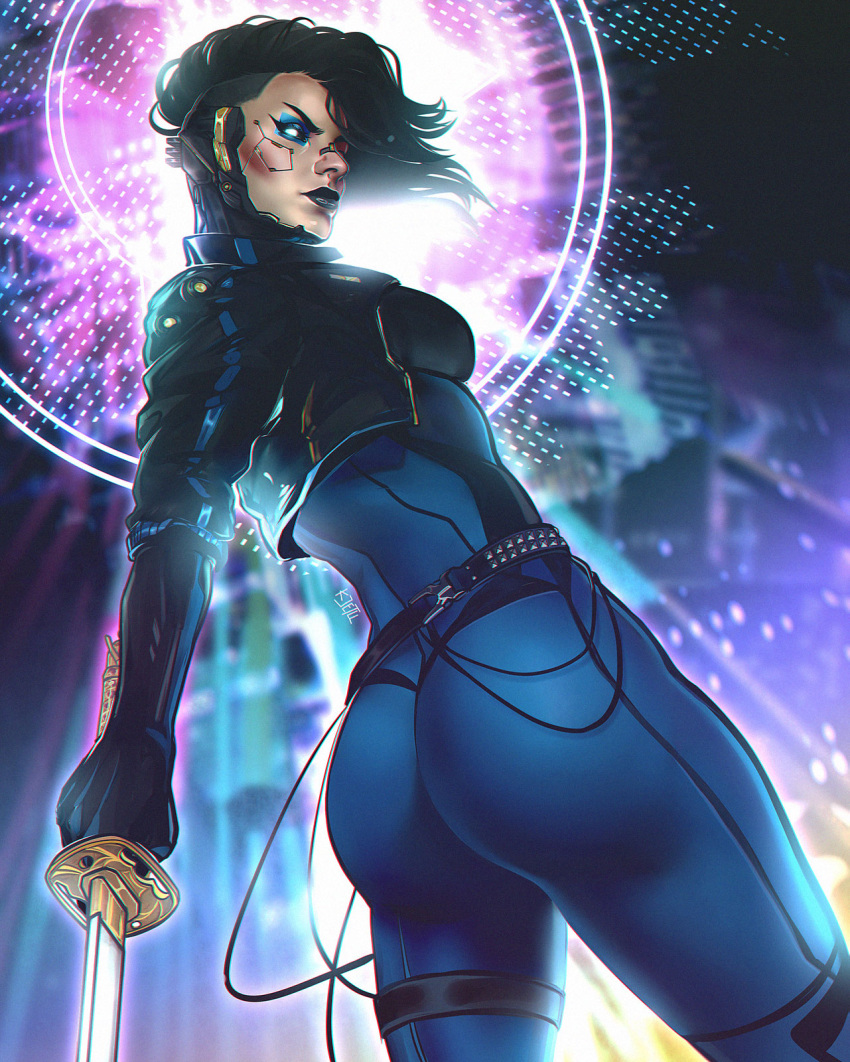 ass black_hair black_jacket black_sclera blue_bodysuit blue_eyes bodysuit colored_sclera cropped_jacket cyberpunk cyberpunk_(series) cyberpunk_2077 female highres holding holding_sword holding_weapon jacket katana kjetll_art open_clothes open_jacket side_cut solo sword weapon