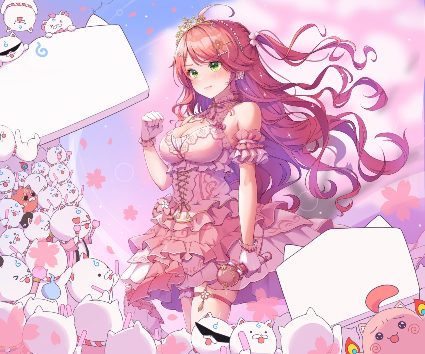 >_< 35p_(sakura_miko) ahoge blush breasts bridal_garter choker cleavage clenched_hand commission cross-laced_clothes cross-laced_dress dress earrings falling_petals female flower flower_earrings frilled_choker frills gloves glowstick green_eyes hand_up heart heart-shaped_eyes highres holding holding_glowstick holding_microphone hololive jewelry kintoki_(sakura_miko) large_breasts layered_dress long_hair maguchi_(sakura_miko) microphone official_alternate_costume petals pink_dress pink_hair sakura_miko sakura_miko_(flower_fantasista!) second-party_source sign solo standing sunglasses thigh_strap tiara tilted_headwear tmo-cat very_long_hair virtual_youtuber white_gloves