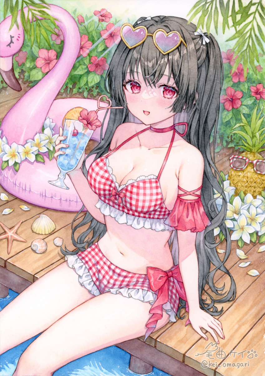 bikini black_hair bow breasts cleavage crazy_straw cup drink drinking_straw female flamingo_innertube flower food fruit hairbow heart heart-shaped_eyewear heart_straw hibiscus highres holding holding_cup holding_drink innertube long_hair navel omagari_kei open_mouth original painting_(medium) petals pier pineapple plaid_bikini plaid_clothes red_bow red_eyes seashell shell smile starfish sunglasses swim_ring swimsuit traditional_media watercolor_(medium) wavy_hair white_bow