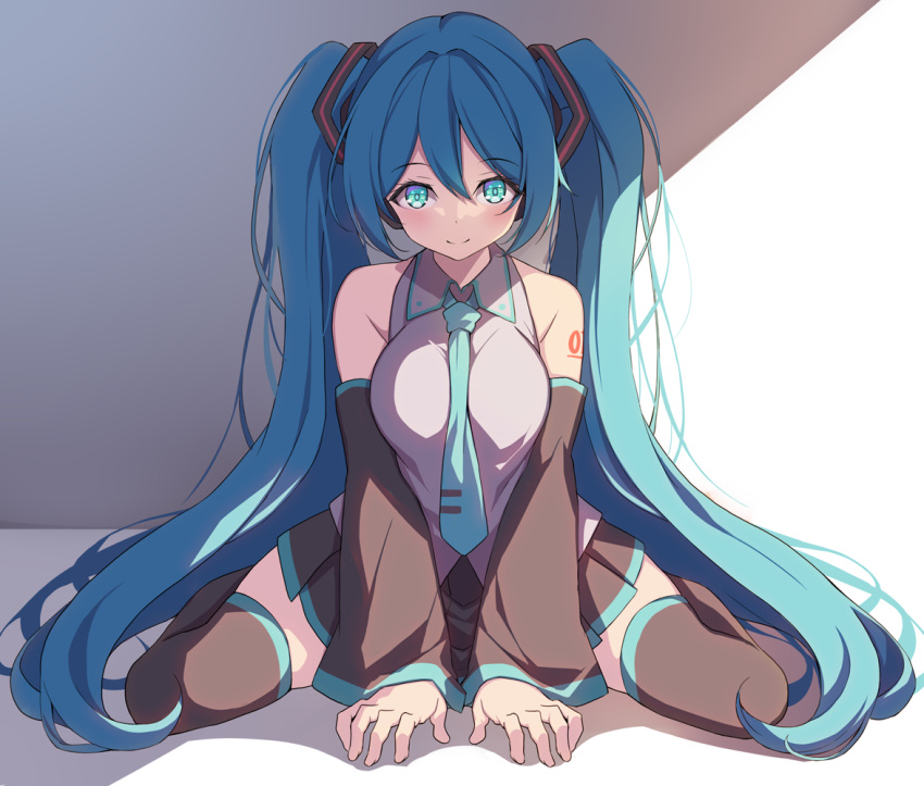 bare_shoulders between_breasts between_legs blue_eyes blue_hair blue_necktie breasts breasts_squeezed_together brown_skirt brown_sleeves brown_thighhighs closed_mouth collared_shirt commentary_request creek_(moon-sky) detached_sleeves female full_body grey_shirt hair_between_eyes hand_between_legs hatsune_miku long_hair long_sleeves looking_at_viewer medium_breasts necktie necktie_between_breasts pleated_skirt shirt sitting skirt sleeveless sleeveless_shirt smile solo thighhighs twintails very_long_hair vocaloid wariza wide_sleeves