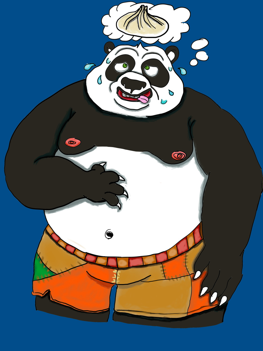 3:4 absurd_res anthro bear belly black_body black_fur black_nose blue_background bodily_fluids bottomwear chonky_draws chubby_cheeks clothing dreamworks dumplings food fur giant_panda green_eyes hand_on_belly hi_res hungry kung_fu_panda male mammal master_po_ping moobs nails navel nipples overweight overweight_male shorts simple_background slightly_chubby slightly_chubby_male small_ears solo sweat sweatdrop teeth thought_bubble tongue tongue_out white_body white_fur