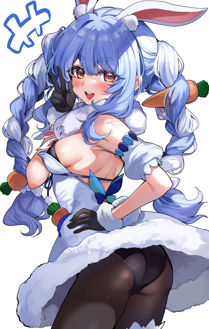 absurdres animal_ear_fluff animal_ears ass bare_shoulders black_gloves black_leotard black_pantyhose blue_hair blush braid breasts carrot_hair_ornament coat_dress detached_sleeves don-chan_(usada_pekora) dress female food-themed_hair_ornament from_behind fur-trimmed_dress fur-trimmed_gloves fur_scarf fur_trim gloves hair_between_eyes hair_ornament hand_on_own_hip highres hololive leotard leotard_under_clothes long_hair looking_at_viewer medium_breasts multicolored_hair open_mouth orange_eyes pantyhose puffy_sleeves rabbit-shaped_pupils rabbit_ears rabbit_girl rabbit_tail sak_(lemondisk) short_eyebrows sideboob simple_background smile solo streaked_hair symbol-shaped_pupils tail thick_eyebrows twin_braids twisted_torso two-tone_hair usada_pekora usada_pekora_(1st_costume) virtual_youtuber w white_background white_dress white_hair