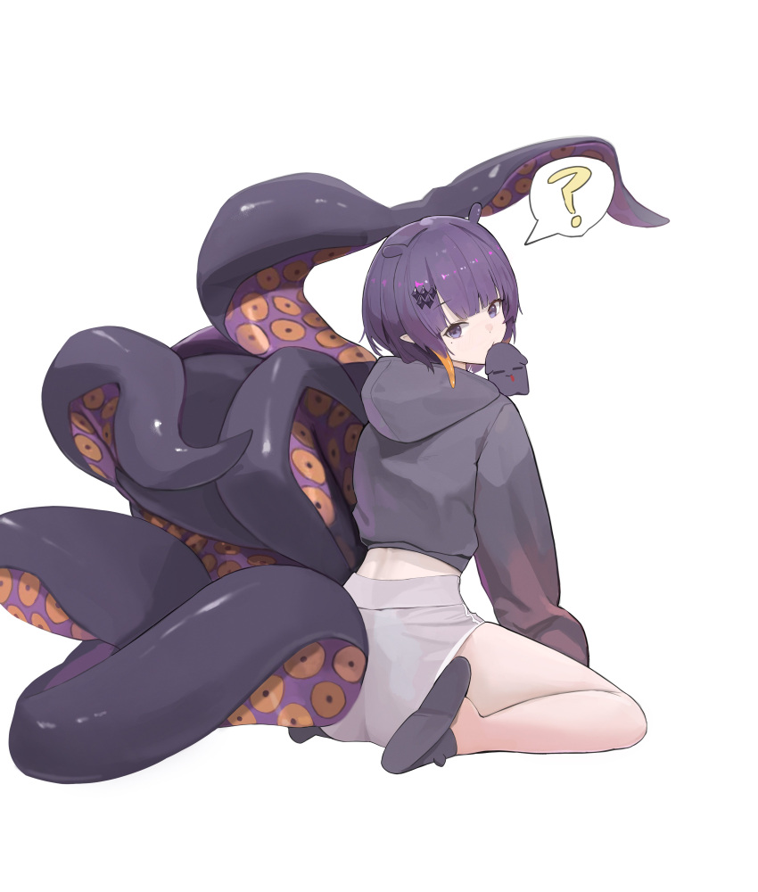 ? absurdres alternate_costume ass blunt_bangs bob_cut commentary cropped_hoodie female full_body gradient_hair grey_hoodie grey_shorts hair_ornament head_tilt highres hololive hololive_english hood hoodie long_sleeves looking_at_viewer mole mole_under_eye mouth_hold multicolored_hair ninomae_ina'nis orange_hair pointy_ears purple_eyes purple_hair shakabrah short_hair short_shorts shorts sidelocks simple_background sitting slippers solo spoken_question_mark symbol-only_commentary takodachi_(ninomae_ina'nis) tentacle tentacle_hair virtual_youtuber wariza white_background