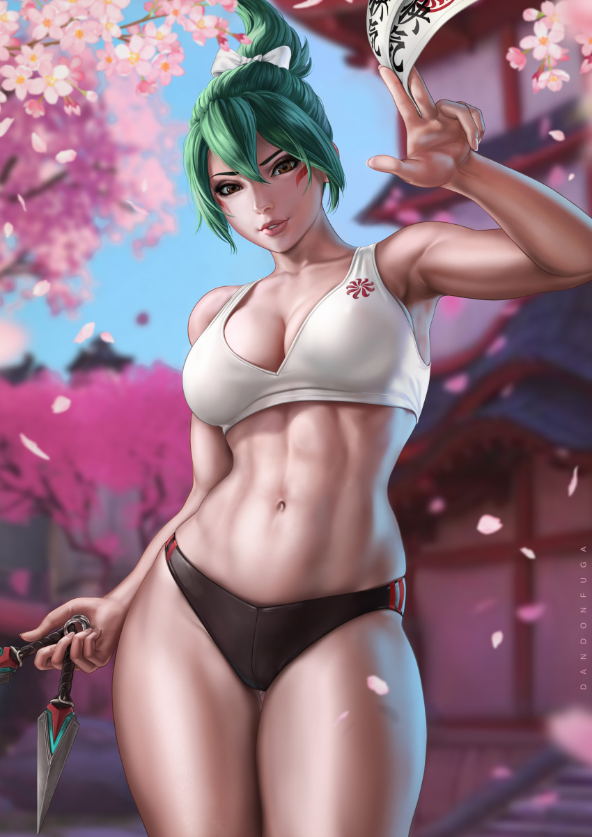 1girls 2d abs absurd_res absurdres arm_up armpit asian asian_female bangs bare_arms bare_shoulders bare_skin bare_thighs big_breasts blizzard_entertainment bra breasts brown_clothing brown_eyes brown_thong brown_underwear busty cherry_blossoms child_bearing_hips cleavage clothed clothed_female clothing cute_face dandon_fuga female female_focus female_only fit fit_female green_hair high_resolution highres hips holding_kunai kiriko_(overwatch) kunai large_breasts large_filesize light-skinned_female light_skin navel outdoors overwatch overwatch_2 parted_lips ponytail pose posing shaved_armpit short_ponytail slim_girl slim_waist solo solo_female sports_bra sportswear standing talisman thick_thighs thighs thong toned toned_body toned_female toned_stomach underwear very_high_resolution white_bra white_clothing