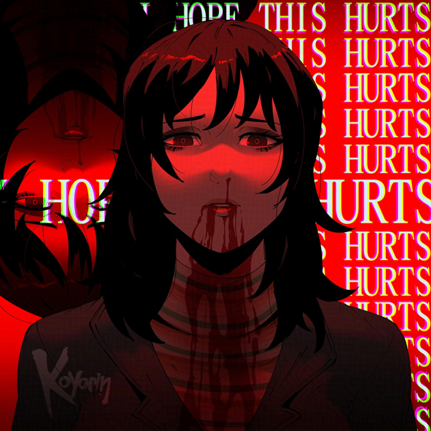 anya_(mouthwashing) artist_name blood blood_on_clothes blood_on_face english_text female furrowed_brow highres koyorin looking_at_viewer loose_hair_strand medium_hair mouthwashing nosebleed portrait red_background red_theme shirt solo source_quote spoilers striped_clothes striped_shirt