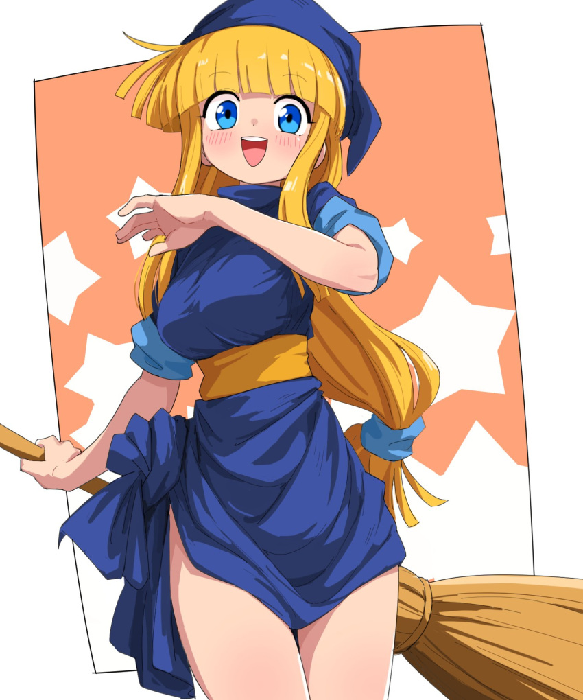 blonde_hair blue_dress blue_eyes blue_hat blunt_bangs blush breasts broom dress female hat highres holding holding_broom large_breasts long_hair looking_at_viewer madou_monogatari open_mouth puyopuyo solo star_(symbol) teeth upper_teeth_only witch_(puyopuyo) yachima_tana