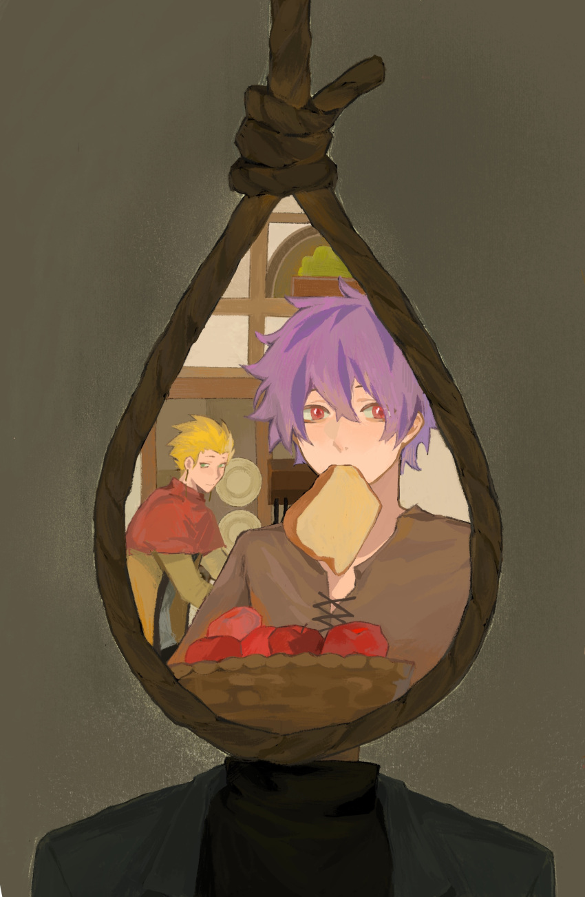 2boys absurdres apple basket blonde_hair bread bread_slice brown_shirt capelet chinese_commentary commentary_request earrings food food_in_mouth fruit green_eyes highres jewelry lajiren247 long_hair male_focus multiple_boys noose purple_hair red_capelet red_eyes rumeld_othmayer saibou_shinkyoku shirt short_hair split_theme theodore_riddle yellow_shirt