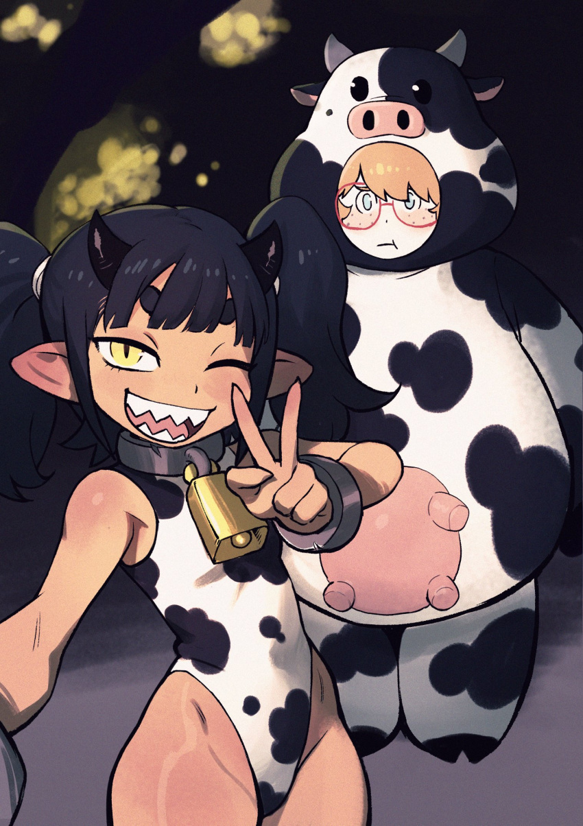 :d animal_costume animal_print bare_hips bell black_hair black_horns blue_eyes colo_(nagrolaz) cow_costume cow_print cow_print_leotard cowbell cuffs demon_girl freckles highres horns leotard mephia one_eye_closed orange_hair pointy_ears pout red-framed_eyewear rita_(sweethex) shackles sharp_teeth short_eyebrows side_ponytail smile sweethex teeth thong_leotard v yellow_eyes