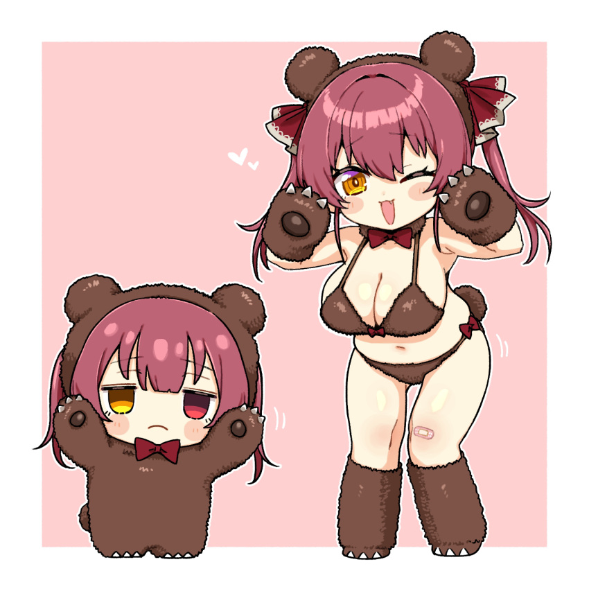 2girls alternate_costume animal_costume animal_ears animal_hands bandaid bandaid_on_knee bandaid_on_leg bear_costume bear_ears bear_paw bear_tail bikini blush_stickers border bow bowtie breasts brown_bikini brown_footwear brown_gloves chibi chibi_only cleavage commentary_request expressionless fur_bikini gloves hair_ribbon heart highres hololive houshou_kumarine houshou_marine huge_breasts leaning_forward long_hair looking_at_viewer multiple_girls navel oerba_yun_fang okunin one_eye_closed open_mouth paw_gloves paw_shoes pink_background red_bow red_bowtie red_eyes red_hair red_ribbon ribbon smile stomach swimsuit tail thighs virtual_youtuber white_background white_border yellow_eyes