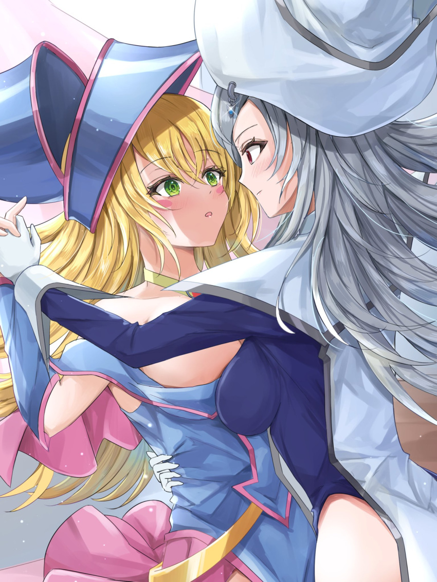 2girls bare_shoulders blonde_hair blue_dress blush blush_stickers breasts choker cleavage dark_magician_girl dress duel_monster gloves green_eyes grey_hair hair_between_eyes hat highres hip_vent holding holding_hands large_breasts long_hair misakura_aoi multiple_girls open_mouth red_eyes silent_magician white_gloves witch_hat wizard_hat yu-gi-oh! yu-gi-oh!_duel_monsters