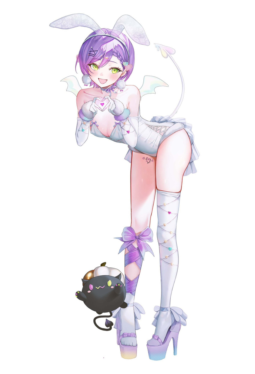 animal_ears asymmetrical_legwear bare_shoulders braid earrings elbow_gloves fake_animal_ears female finger_heart full_body gloves green_eyes high_heels highres hololive jewelry leotard looking_at_viewer open_mouth purple_footwear purple_hair sanada_keisui short_hair simple_background smile socks solo standing tail thighhighs tokoyami_towa uneven_legwear virtual_youtuber white_background white_gloves white_leotard white_socks white_thighhighs wings