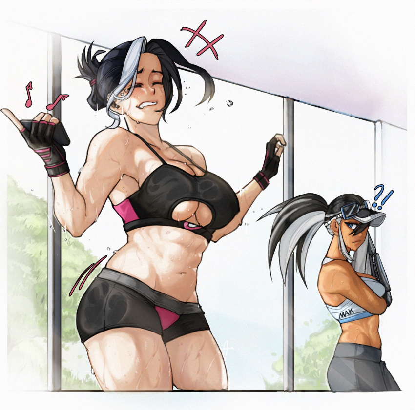 2girls black_hair breasts closed_eyes clothing_cutout dancing earbuds earphones exercising floating_hair flying_sweatdrops highres indoors makdraw25 medium_breasts motion_lines multicolored_hair multiple_girls navel original parted_lips sports_bra sportswear stomach streaked_hair sweat sweaty_clothes tears toned toned_female underboob_cutout window