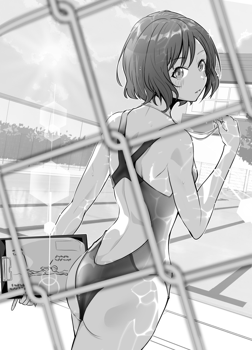 absurdres ass back_cutout blush chain-link_fence clipboard clothing_cutout commentary_request competition_swimsuit female fence gakuen_idolmaster greyscale highleg highleg_one-piece_swimsuit highres holding holding_clipboard holding_whistle idolmaster looking_at_viewer looking_back median_furrow monochrome neo_asari one-piece_swimsuit outdoors pool short_hair solo swimsuit wakkigen whistle